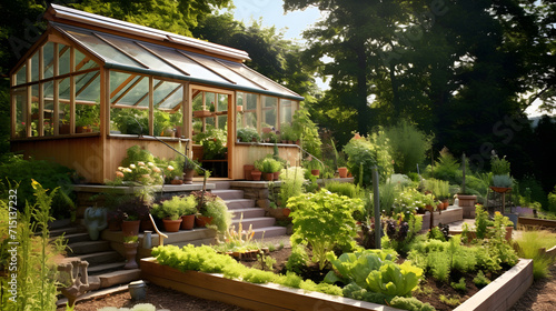 Sustainability at Its Finest: An Aesthetically Pleasing Eco-Garden with a Greenhouse and Compost Bin © Marie