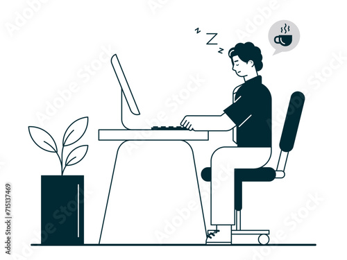 Man is sleepy because he hasn't drunk coffee. Coffee time vector illuatrations.