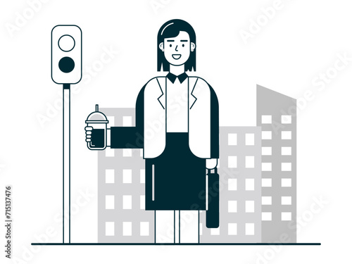 Woman buying coffee after coming home from work. Coffee time vector illuatrations.