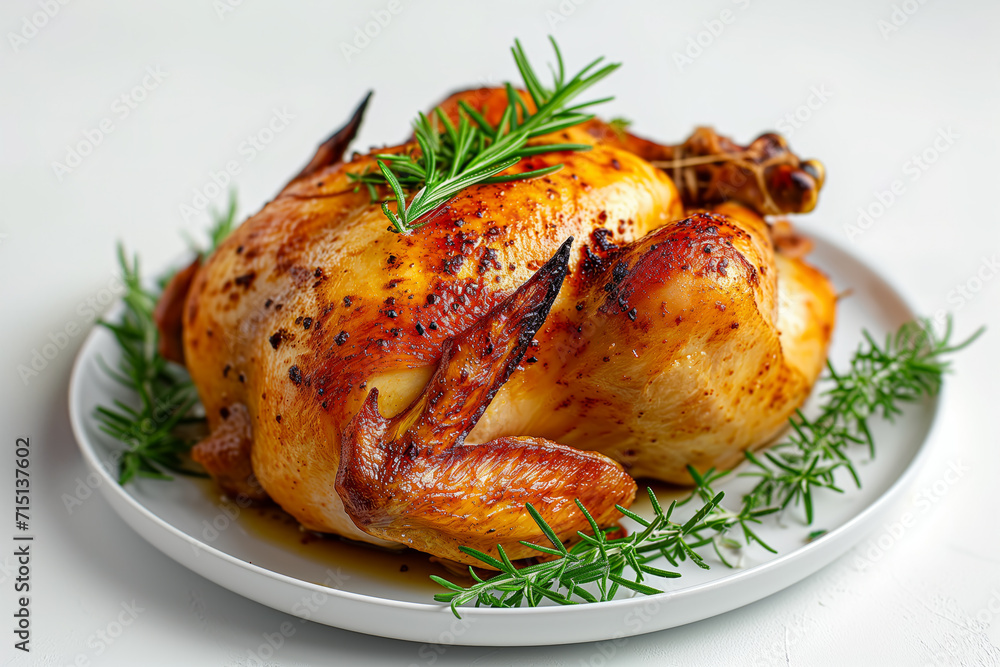 Roast turkey with herbs on white plate on white background Roast turkey with herbs on white plate on white background
