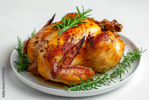 Roast turkey with herbs on white plate on white background