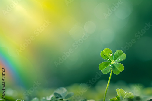 A four-leaf clover closeup, hints of a rainbow background, St. Patrick's Day