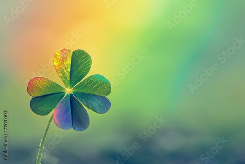 A rainbow hued four leaf clover in front of a rainbow background, St. Patrick's Day