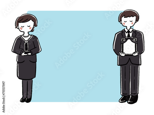 喪服の男性と女性　全身　手描き風フレームイラスト