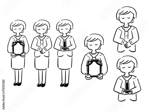 喪服の女性　全身　手描き風線画イラストセット	