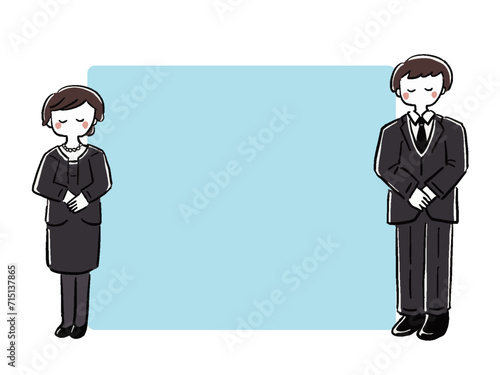 喪服の男性と女性　全身　手描き風フレームイラスト