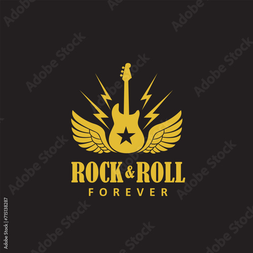 emblem of gold electric guitar with wings isolated on black background
