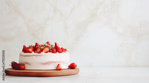 Delicious Layered Fresh Strawberry Cake, Torte Dessert with Fresh Berries, Flowers, Vanilla Butter Cream On Wood Plate. Marble Background. Natural Lighting. Minimalist Photo. Minimal Modern Interior. 