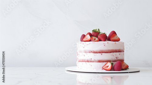 Delicious Layered Fresh Strawberry Cake, Torte Dessert with Fresh Berries, Vanilla Butter Cream On Glossy Marble Counter. White Background. Natural Light. Minimalist Photo. Minimal Modern Interior. 