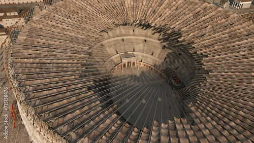 ancient roman colosseum scientific 3D reconstruction with animated detail of the velarium, roman forum and marketplace , flight birdsview of city of rome photo