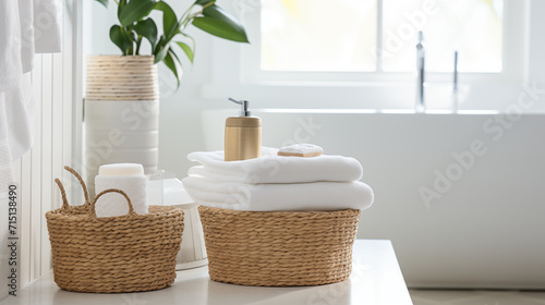 two seagrass baskets filled with bathroom necessities photo