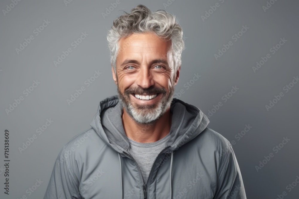 Handsome mature man with grey hair and beard smiling at camera while standing against grey background Handsome mature man with grey hair and beard smiling at camera while standing against grey background
