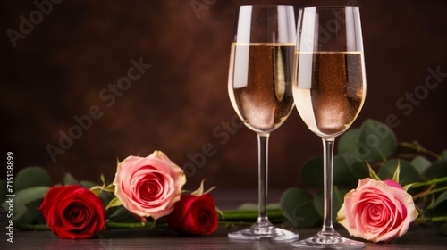 Two wine glasses on rustic worktop along side four romantic roses, for the theme of Valentine's Day