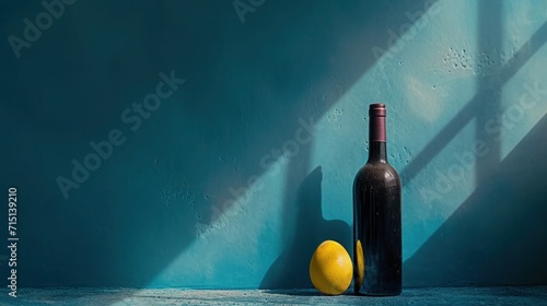 A single, refined wine bottle with a cork, close to an easter yellow egg, representing the elite collection from a wine cellar, set against a blue-hued texture