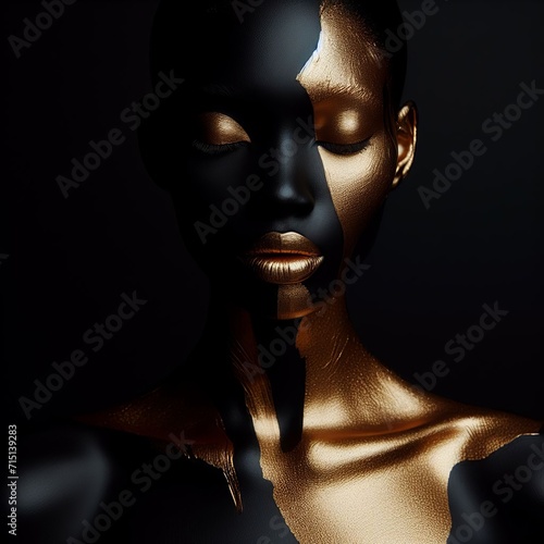 Woman with gold skin and black bodyart. 