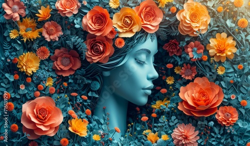 A beautiful female face surrounded by flowers and plants. International Women's Day Concept