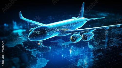 Abstract airliner constructed with dots. Outline wireframe glowing concept. Aircraft flying in starry sky. Travel, tourism, transport. Neural network AI generated art