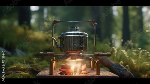 Camping stove lit with a saucepan on top while stopping Ai Generative