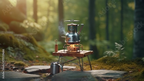 Camping stove lit with a saucepan on top while stopping Ai Generative