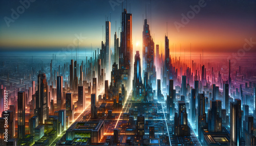 Futuristic Metropolis Skyline with Vibrant Colors and Advanced Technology - Urban Innovation and Progress Concept, Exciting Future Cityscape
