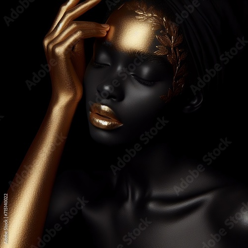 Portrait of a beautiful woman with gold skin.