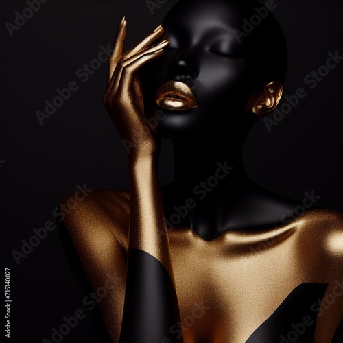 Fashionable black woman with golden lips on black background. 