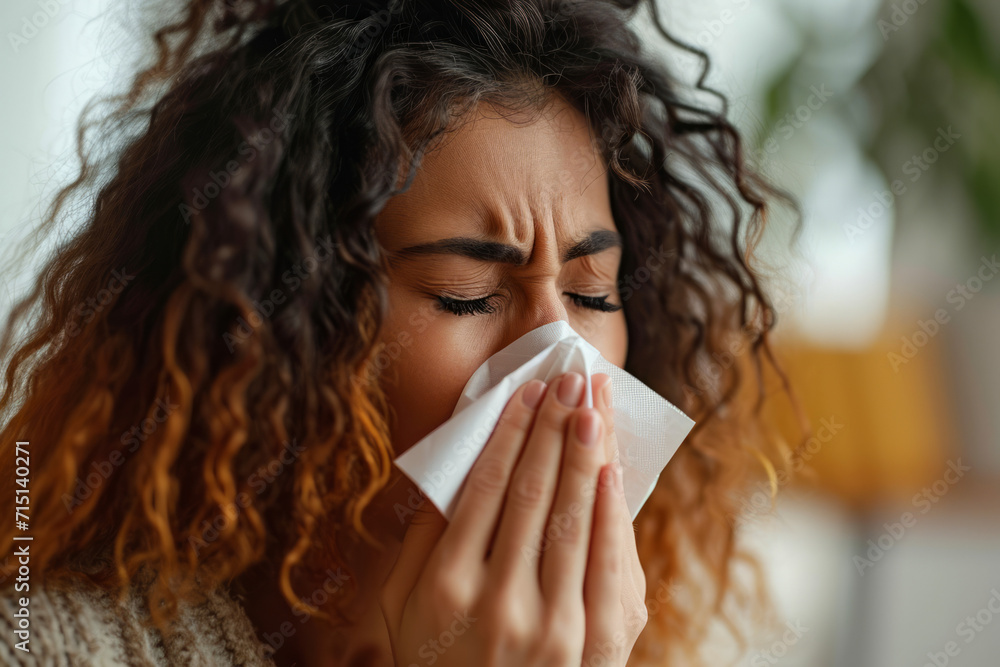 Woman blowing nose with a tissue, casually dressed, candid background Woman blowing nose with a tissue, casually dressed, candid background
