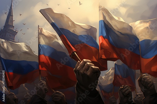 Human hands holding Russian flags. 3d illustration. National day celebration. Independence day. Patriotic concept. photo