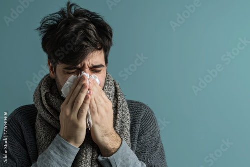 Man blowing nose with a tissue, casually dressed, isolated on a solid blue background