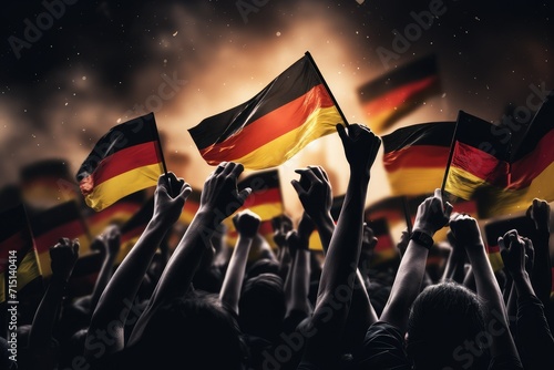 Many people holding the flags of Germany on the background of fireworks. Independence day celebration. patriotic concept. National day.