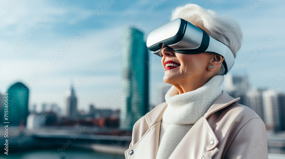Modern stylish grandmother in virtual reality glasses against backdrop of city. Copy space. Modern stylish grandmother in virtual reality glasses against backdrop of city. Copy space.