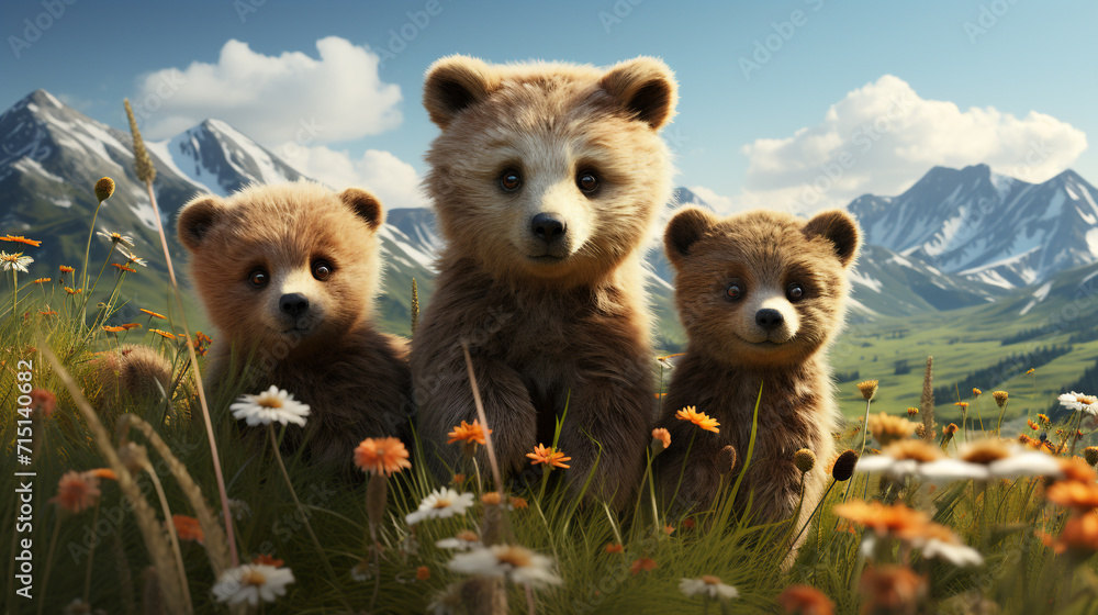 3D rendering of 3 baby bear standing on mountain background ai generated image 3D rendering of 3 baby bear standing on mountain background ai generated image
