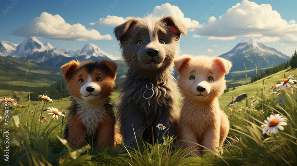 3D rendering of 3 baby dogs standing on a mountain background image