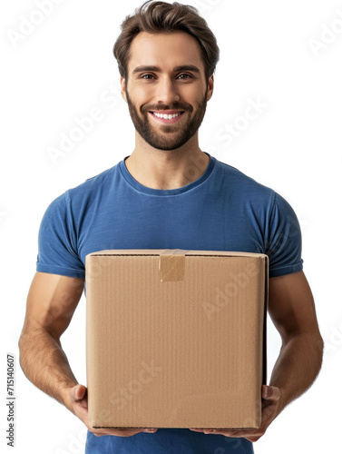 A man in a blue shirt holding a cardboard box, delivery man image isolated on white background.
