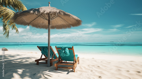 Two beach sun lounge chairs on a tropical beach with of vacation holiday background image