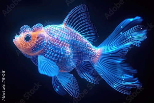 A fish that is glowing in the dark. Artificial glowing object, concept for a software visualization.