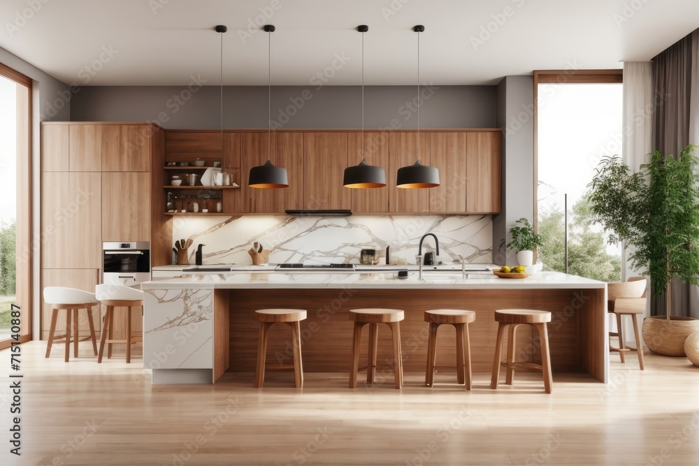 Interior home design of modern kitchen with wooden table and chairs in the farmhouse kitchen Interior home design of modern kitchen with wooden table and chairs in the farmhouse kitchen