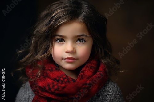 Portrait of a beautiful little girl in a red scarf and sweater