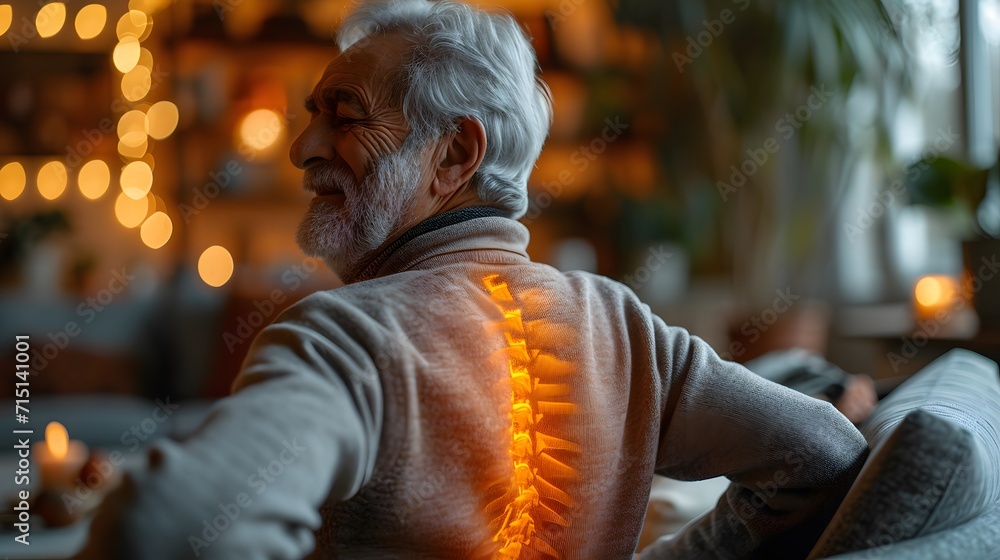 senior man has back pain in living room with light