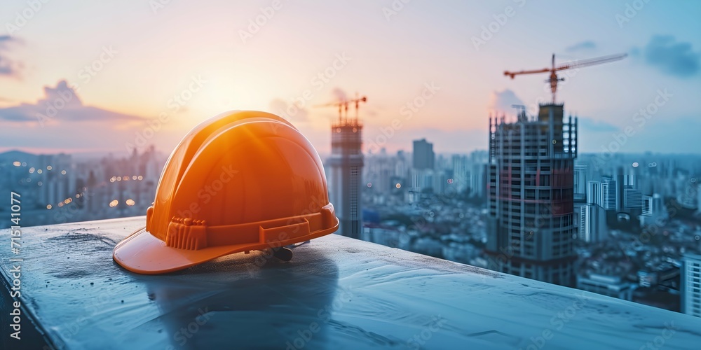 Safety helmet on the construction site with a cityscape background at sunrise. - obrazy, fototapety, plakaty 