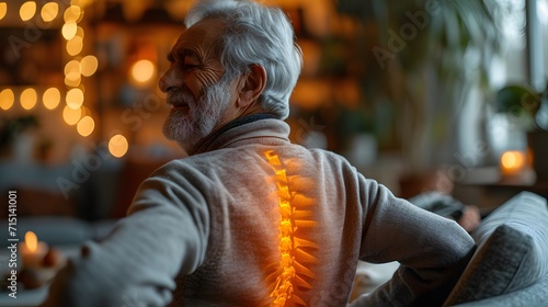 senior man has back pain in living room with light