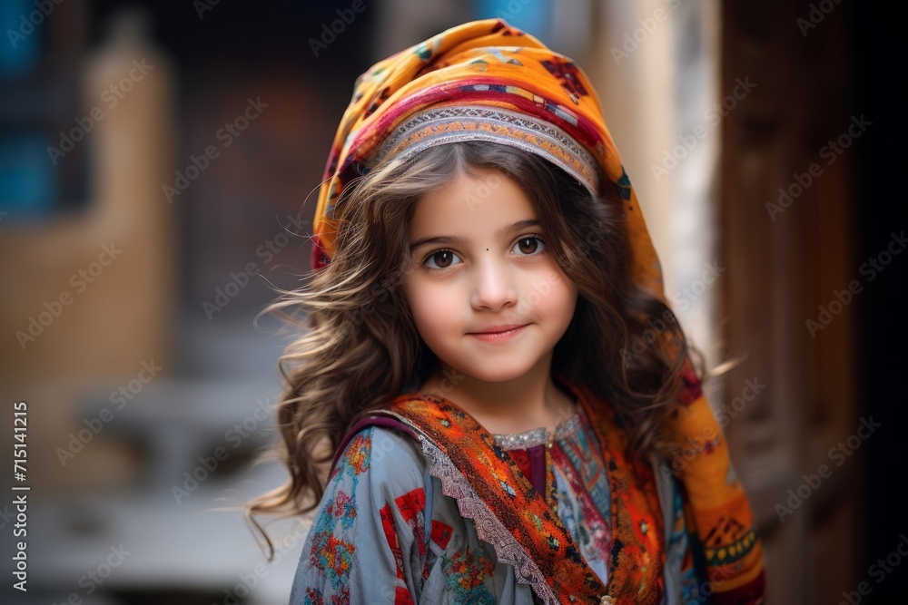 Portrait of a cute little girl in a colorful headscarf. Portrait of a cute little girl in a colorful headscarf.