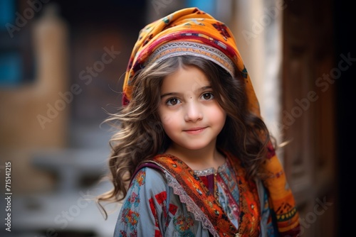 Portrait of a cute little girl in a colorful headscarf.