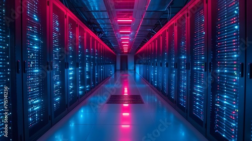 servers and racks in a datacenter. blue binary background. background with lines. data network © King