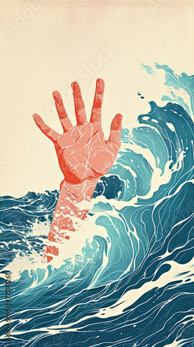A hand reaching out of a wave in the ocean.
