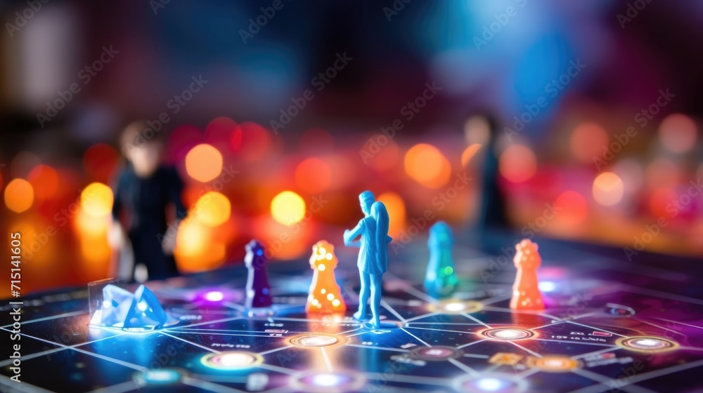 Closeup of a board game with AI characters that guide players through a virtual world, while teaching strategic thinking skills. Closeup of a board game with AI characters that guide players through a virtual world, while teaching strategic thinking skills.