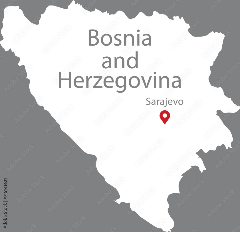 White Map of Bosnia and Herzegovina with location marker of the capital and inscription of the name of the country and the capital inside map on gray background