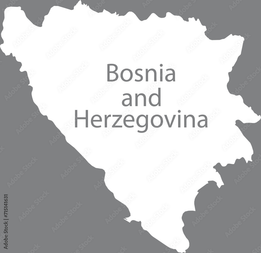 White map of Bosnia and Herzegovina with the inscription of the name of the country inside map on gray background