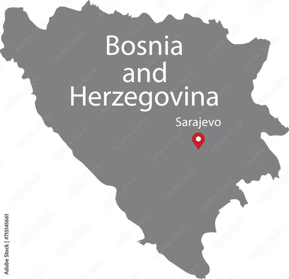 Gray Map of Bosnia and Herzegovina with location marker of the capital and inscription of the name of the country and the capital inside map