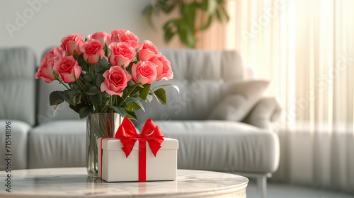 Beautiful bouquet red roses in vase and gift box on table against background of room. Valentine's Day.